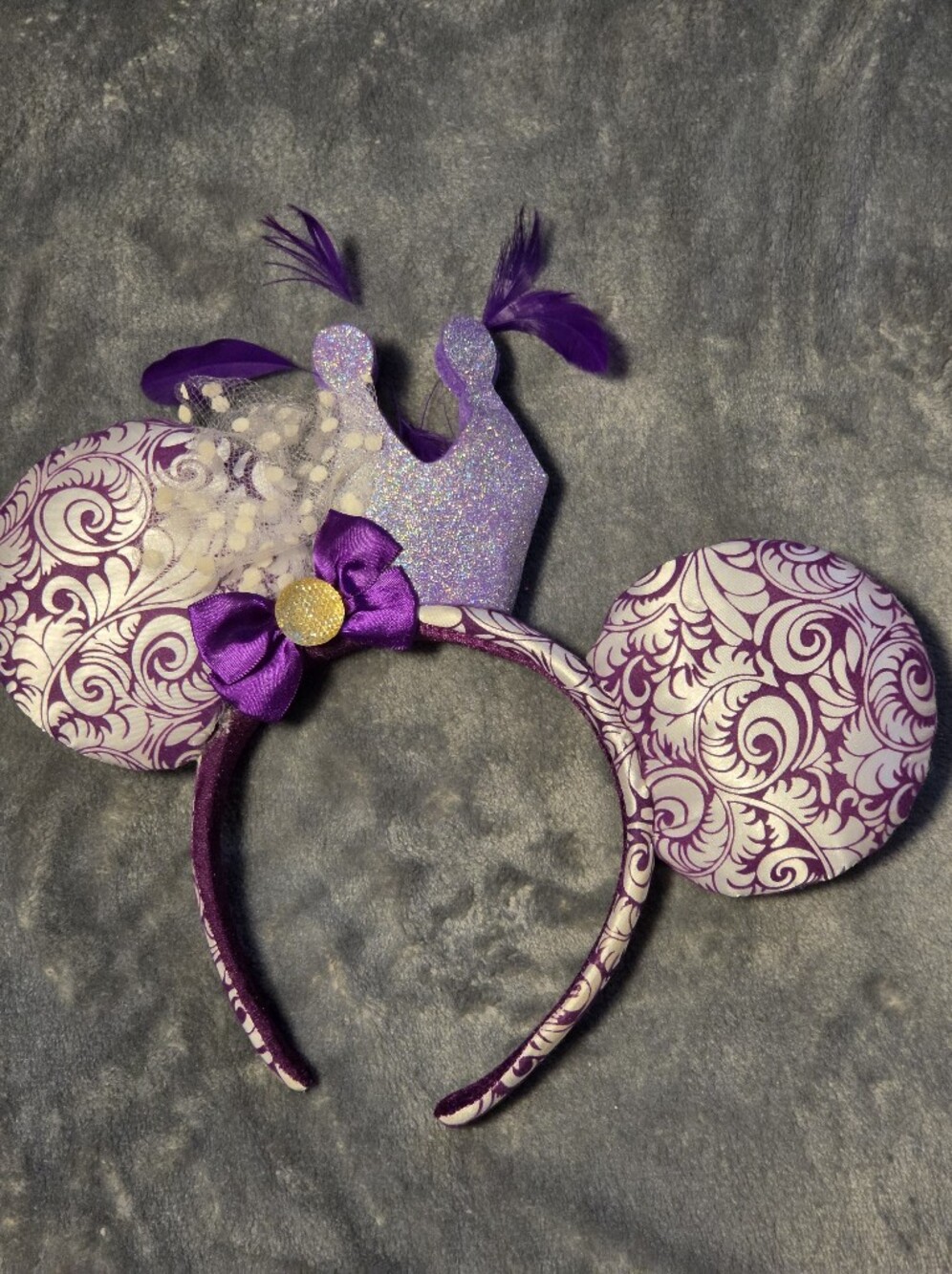 Disney Purple White Minnie Ear Headband with Glitter Crown